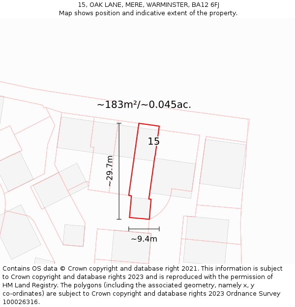 15, OAK LANE, MERE, WARMINSTER, BA12 6FJ: Plot and title map
