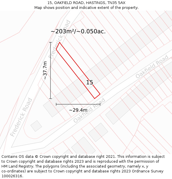 15, OAKFIELD ROAD, HASTINGS, TN35 5AX: Plot and title map