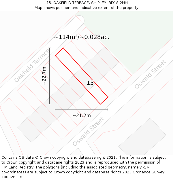 15, OAKFIELD TERRACE, SHIPLEY, BD18 2NH: Plot and title map