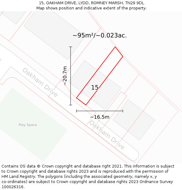15, OAKHAM DRIVE, LYDD, ROMNEY MARSH, TN29 9DL: Plot and title map