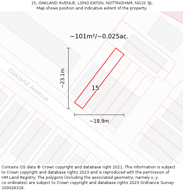 15, OAKLAND AVENUE, LONG EATON, NOTTINGHAM, NG10 3JL: Plot and title map