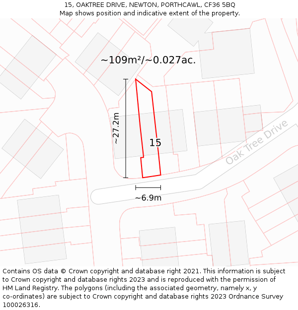 15, OAKTREE DRIVE, NEWTON, PORTHCAWL, CF36 5BQ: Plot and title map