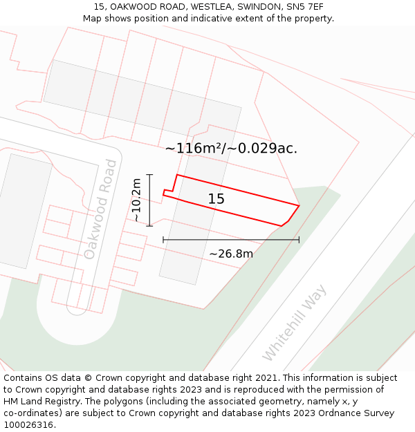 15, OAKWOOD ROAD, WESTLEA, SWINDON, SN5 7EF: Plot and title map