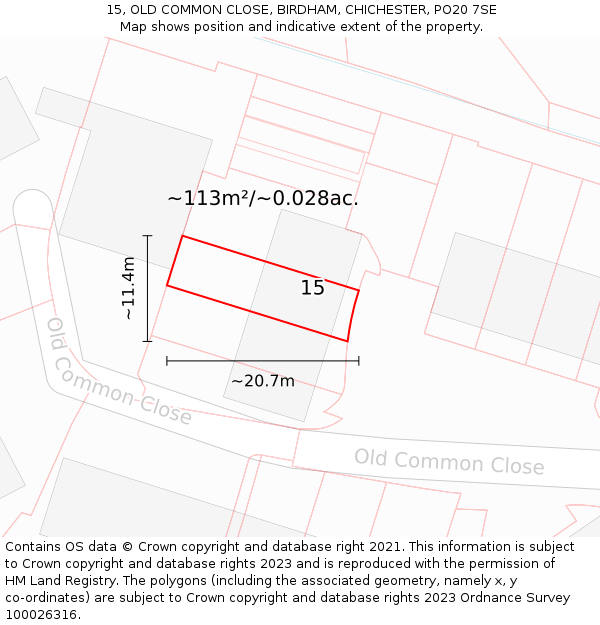 15, OLD COMMON CLOSE, BIRDHAM, CHICHESTER, PO20 7SE: Plot and title map