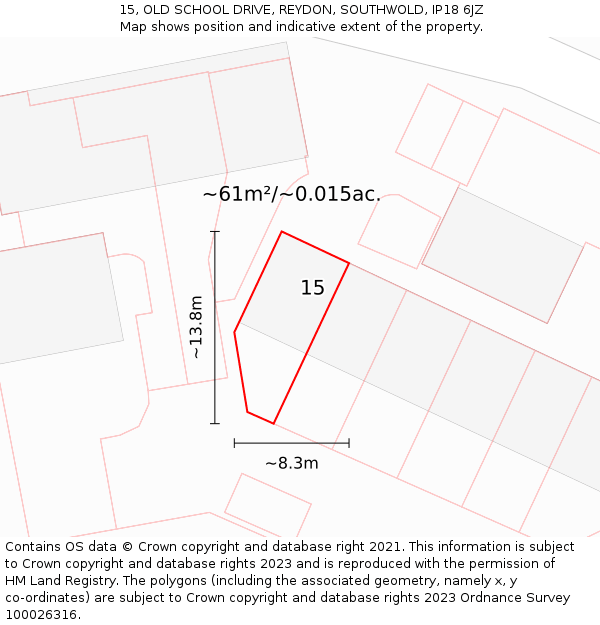 15, OLD SCHOOL DRIVE, REYDON, SOUTHWOLD, IP18 6JZ: Plot and title map