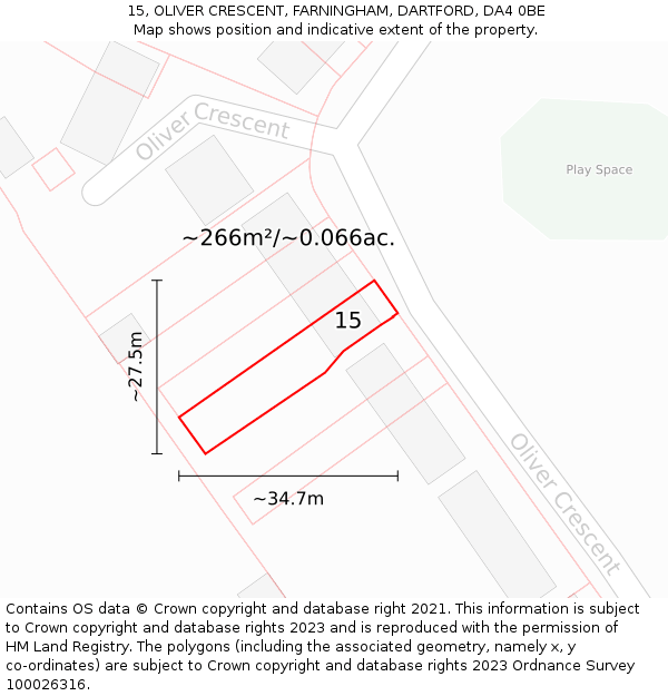 15, OLIVER CRESCENT, FARNINGHAM, DARTFORD, DA4 0BE: Plot and title map