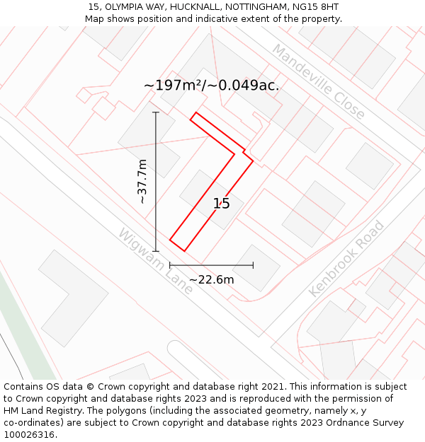 15, OLYMPIA WAY, HUCKNALL, NOTTINGHAM, NG15 8HT: Plot and title map