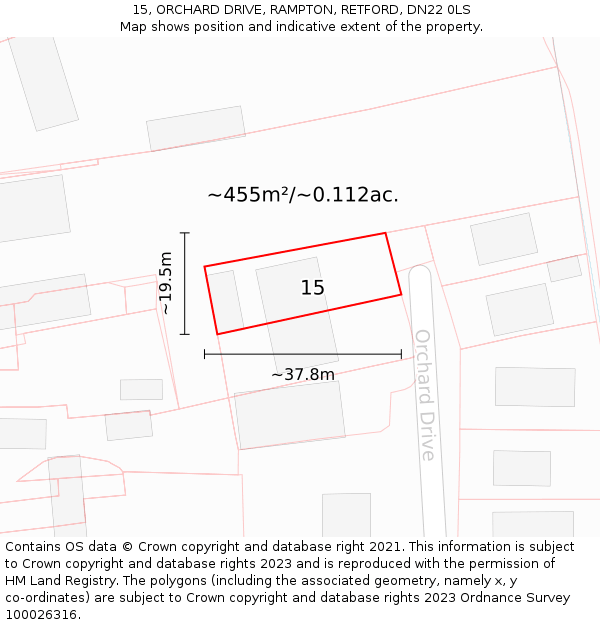 15, ORCHARD DRIVE, RAMPTON, RETFORD, DN22 0LS: Plot and title map