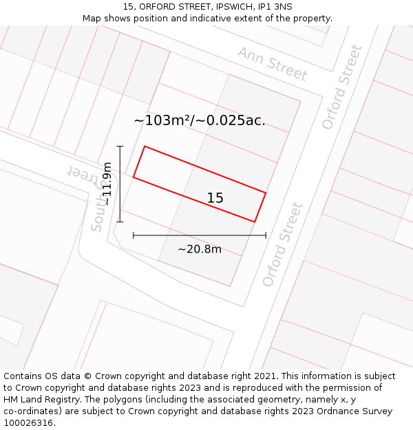 15, ORFORD STREET, IPSWICH, IP1 3NS: Plot and title map