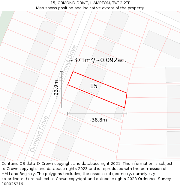 15, ORMOND DRIVE, HAMPTON, TW12 2TP: Plot and title map