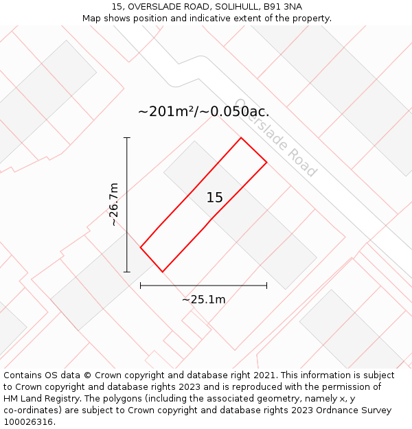 15, OVERSLADE ROAD, SOLIHULL, B91 3NA: Plot and title map