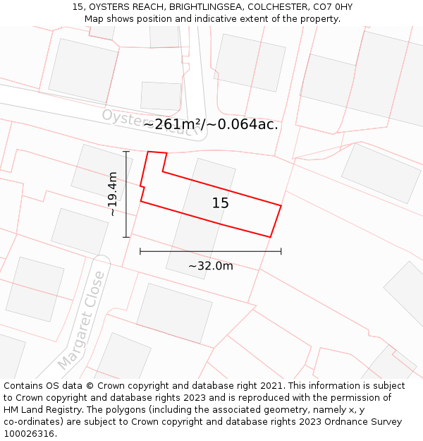 15, OYSTERS REACH, BRIGHTLINGSEA, COLCHESTER, CO7 0HY: Plot and title map