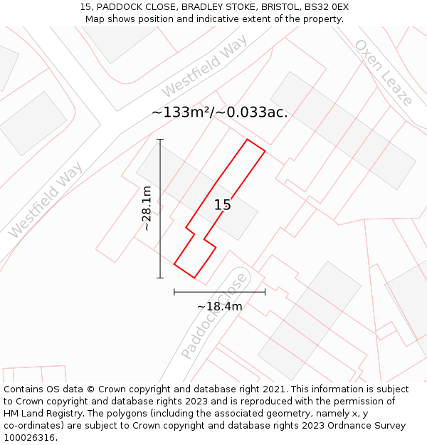15, PADDOCK CLOSE, BRADLEY STOKE, BRISTOL, BS32 0EX: Plot and title map