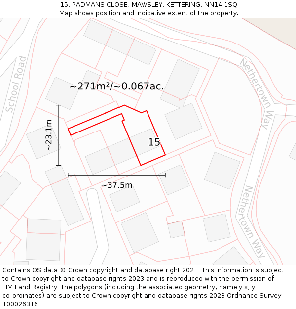 15, PADMANS CLOSE, MAWSLEY, KETTERING, NN14 1SQ: Plot and title map