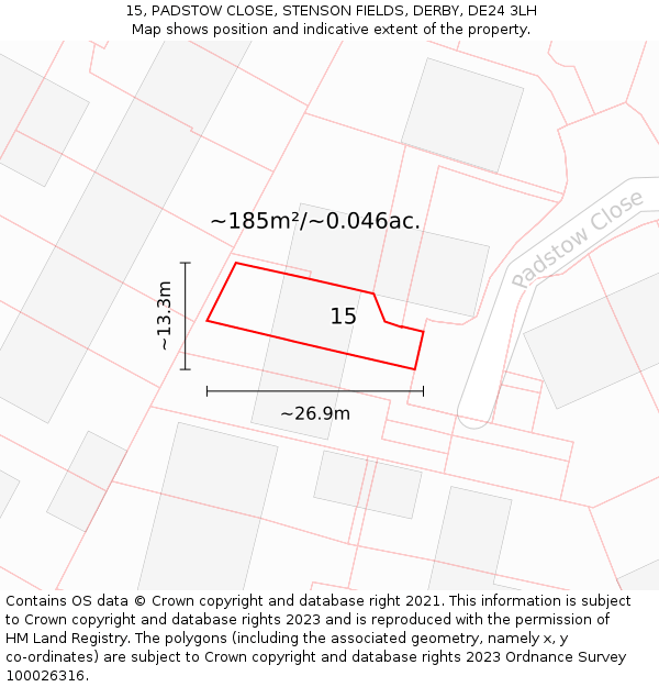 15, PADSTOW CLOSE, STENSON FIELDS, DERBY, DE24 3LH: Plot and title map