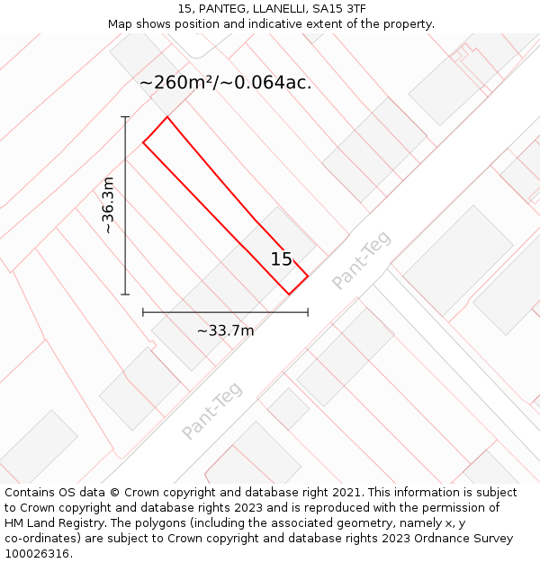 15, PANTEG, LLANELLI, SA15 3TF: Plot and title map