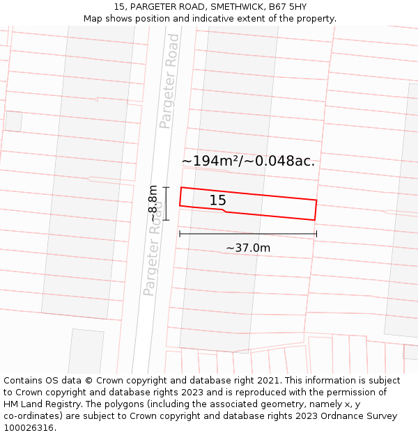 15, PARGETER ROAD, SMETHWICK, B67 5HY: Plot and title map