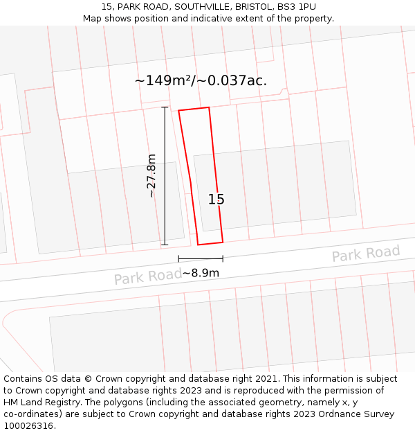 15, PARK ROAD, SOUTHVILLE, BRISTOL, BS3 1PU: Plot and title map