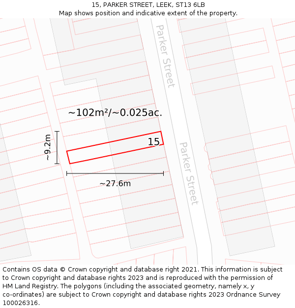 15, PARKER STREET, LEEK, ST13 6LB: Plot and title map