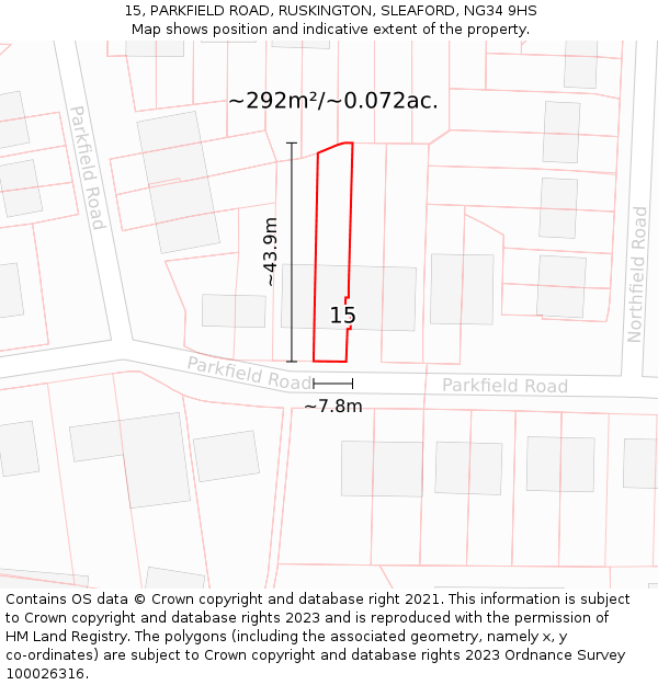 15, PARKFIELD ROAD, RUSKINGTON, SLEAFORD, NG34 9HS: Plot and title map