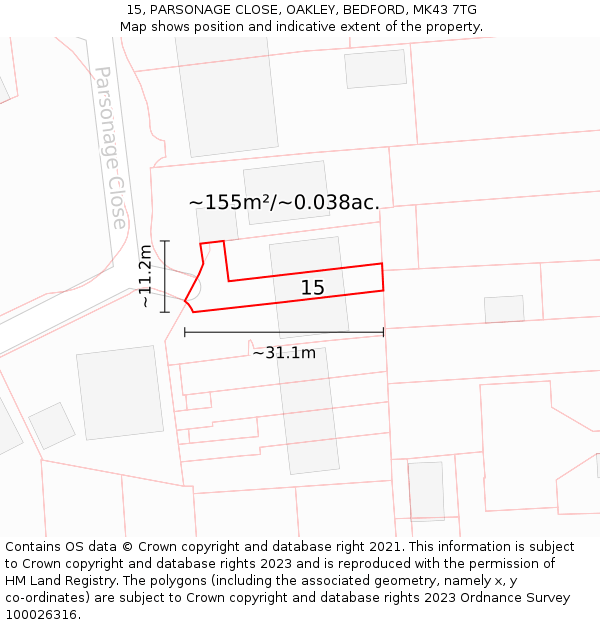 15, PARSONAGE CLOSE, OAKLEY, BEDFORD, MK43 7TG: Plot and title map