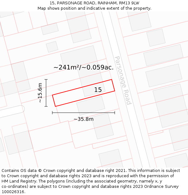 15, PARSONAGE ROAD, RAINHAM, RM13 9LW: Plot and title map