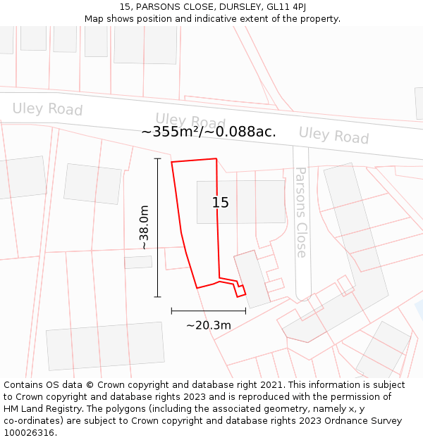 15, PARSONS CLOSE, DURSLEY, GL11 4PJ: Plot and title map