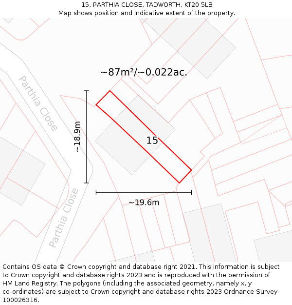 15, PARTHIA CLOSE, TADWORTH, KT20 5LB: Plot and title map