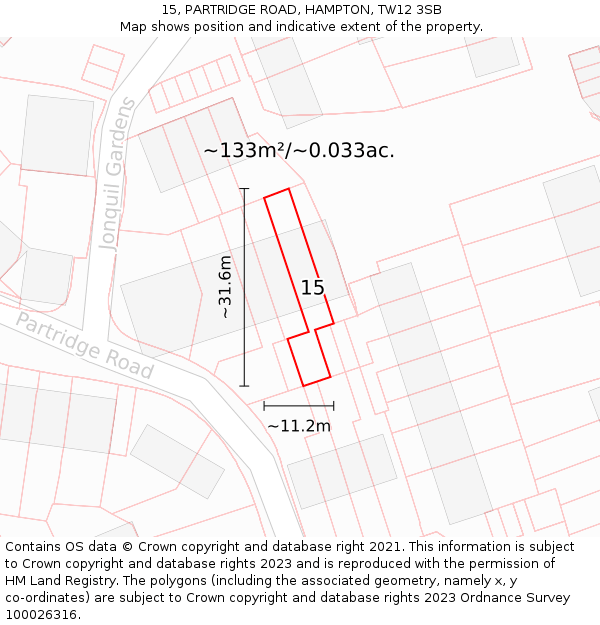 15, PARTRIDGE ROAD, HAMPTON, TW12 3SB: Plot and title map