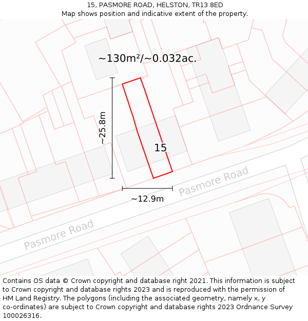 15, PASMORE ROAD, HELSTON, TR13 8ED: Plot and title map