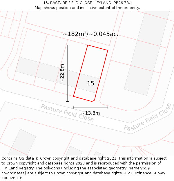 15, PASTURE FIELD CLOSE, LEYLAND, PR26 7RU: Plot and title map
