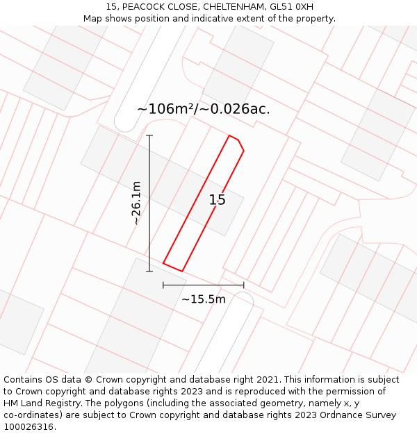 15, PEACOCK CLOSE, CHELTENHAM, GL51 0XH: Plot and title map
