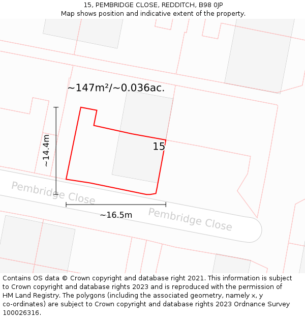 15, PEMBRIDGE CLOSE, REDDITCH, B98 0JP: Plot and title map