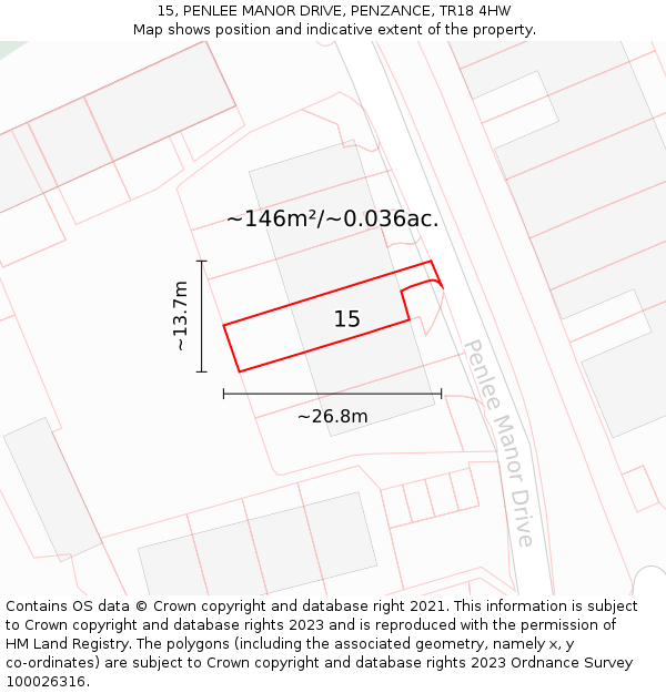 15, PENLEE MANOR DRIVE, PENZANCE, TR18 4HW: Plot and title map