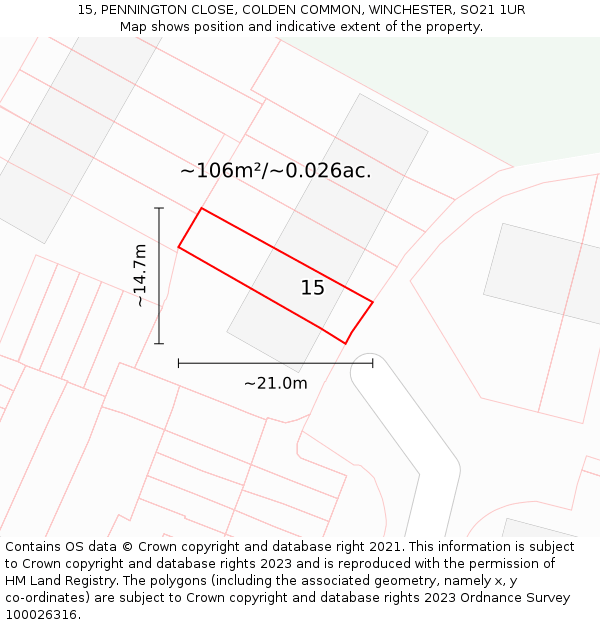 15, PENNINGTON CLOSE, COLDEN COMMON, WINCHESTER, SO21 1UR: Plot and title map