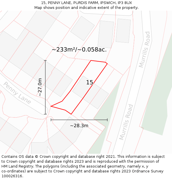 15, PENNY LANE, PURDIS FARM, IPSWICH, IP3 8UX: Plot and title map