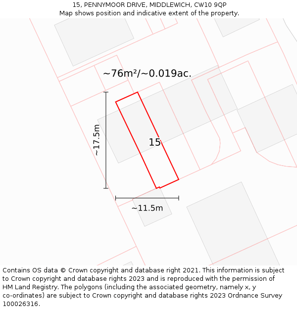 15, PENNYMOOR DRIVE, MIDDLEWICH, CW10 9QP: Plot and title map
