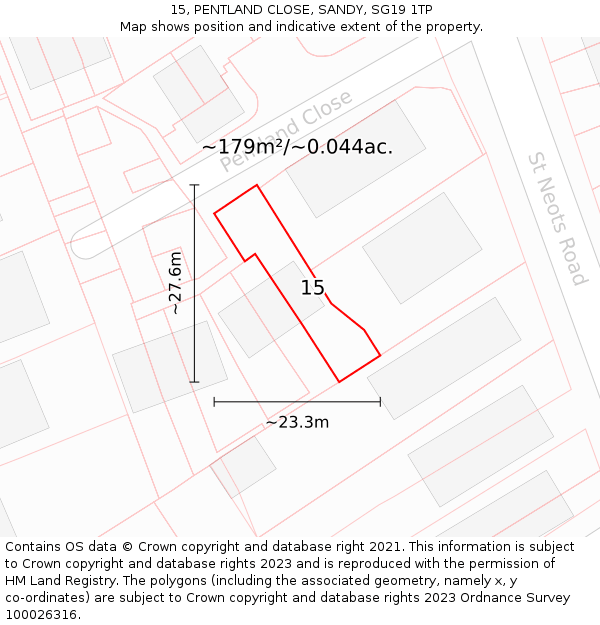 15, PENTLAND CLOSE, SANDY, SG19 1TP: Plot and title map