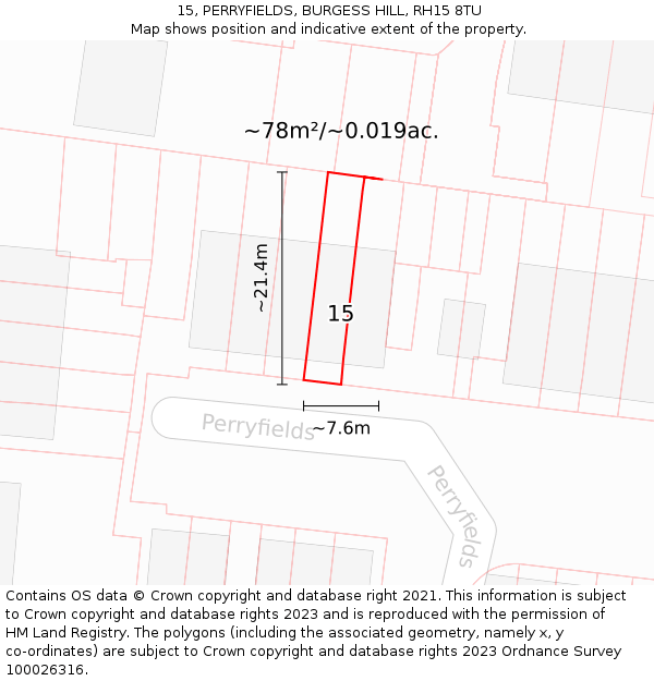 15, PERRYFIELDS, BURGESS HILL, RH15 8TU: Plot and title map