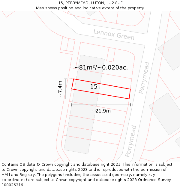 15, PERRYMEAD, LUTON, LU2 8UF: Plot and title map