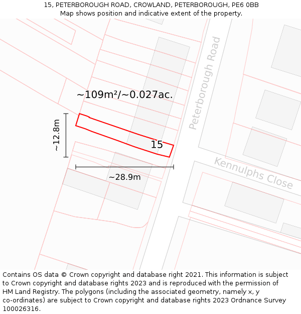 15, PETERBOROUGH ROAD, CROWLAND, PETERBOROUGH, PE6 0BB: Plot and title map