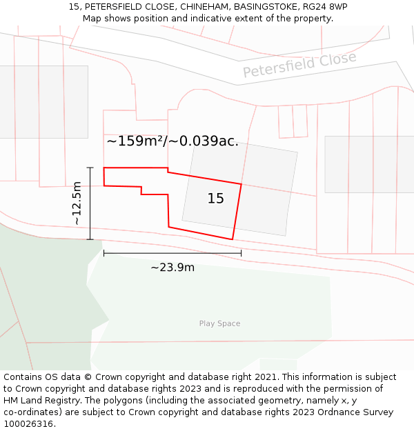 15, PETERSFIELD CLOSE, CHINEHAM, BASINGSTOKE, RG24 8WP: Plot and title map