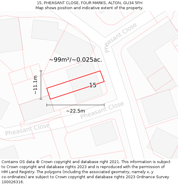 15, PHEASANT CLOSE, FOUR MARKS, ALTON, GU34 5FH: Plot and title map