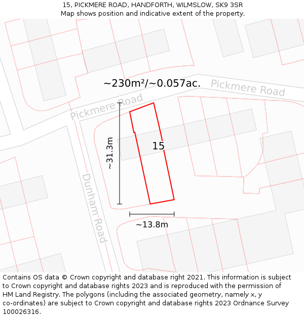 15, PICKMERE ROAD, HANDFORTH, WILMSLOW, SK9 3SR: Plot and title map