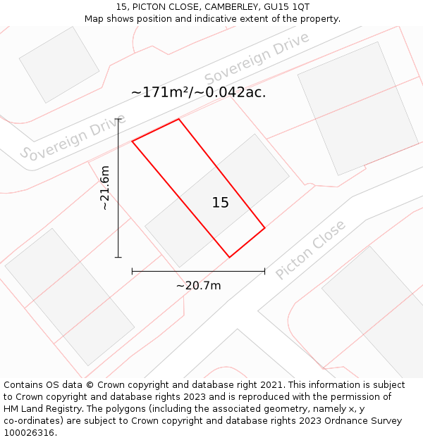 15, PICTON CLOSE, CAMBERLEY, GU15 1QT: Plot and title map