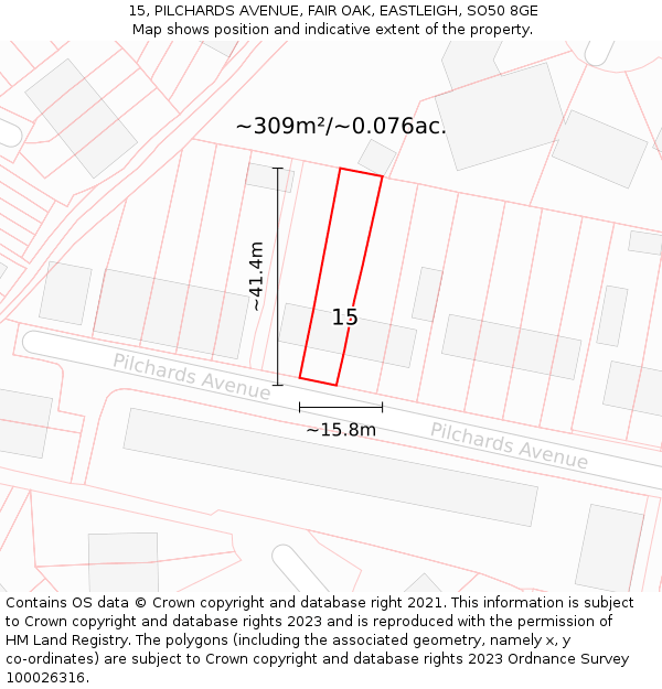 15, PILCHARDS AVENUE, FAIR OAK, EASTLEIGH, SO50 8GE: Plot and title map