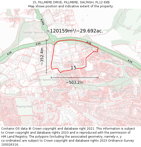 15, PILLMERE DRIVE, PILLMERE, SALTASH, PL12 6XB: Plot and title map