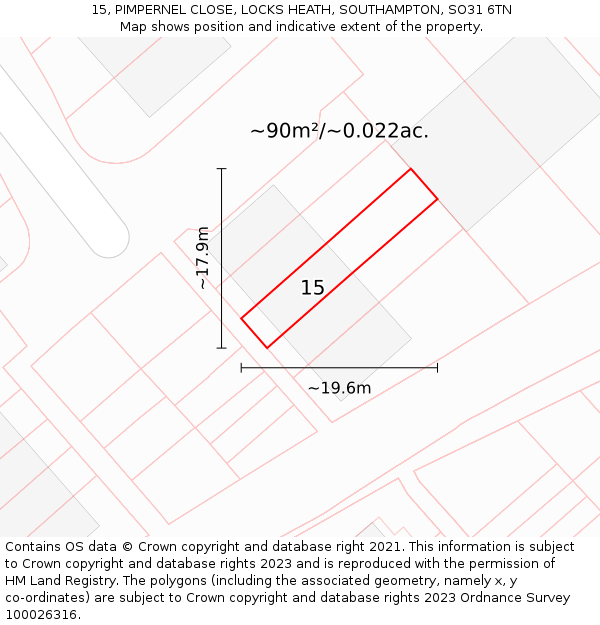 15, PIMPERNEL CLOSE, LOCKS HEATH, SOUTHAMPTON, SO31 6TN: Plot and title map