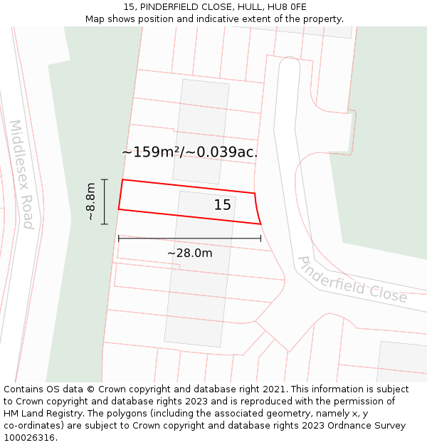 15, PINDERFIELD CLOSE, HULL, HU8 0FE: Plot and title map