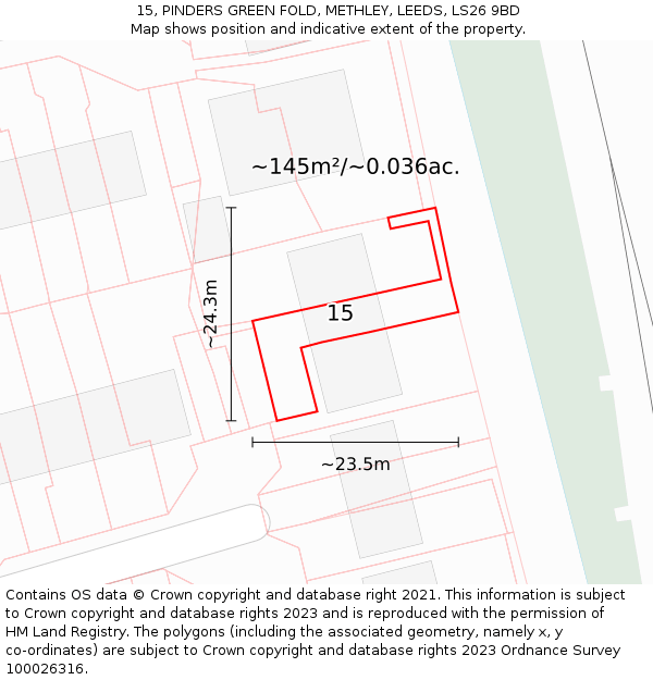 15, PINDERS GREEN FOLD, METHLEY, LEEDS, LS26 9BD: Plot and title map
